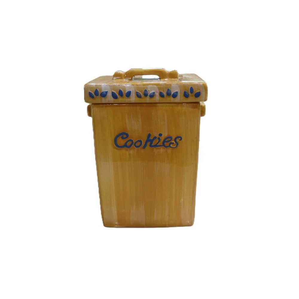 MSRF Inc Ceramic Cookie Jar Yellow White Hand Painted Blue Leaf Canister Vintage